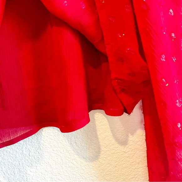 Tommy Hilfiger Red Clip Dot Pleated Tie Neck Blouse Large Holiday Work Top - Picture 8 of 12